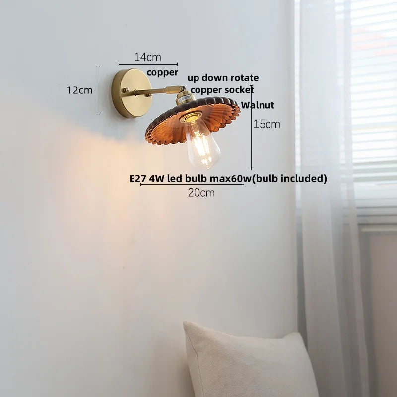 Afralia™ Nordic LED Wall Light Sconce Walnut Wood Copper Pull Chain Switch