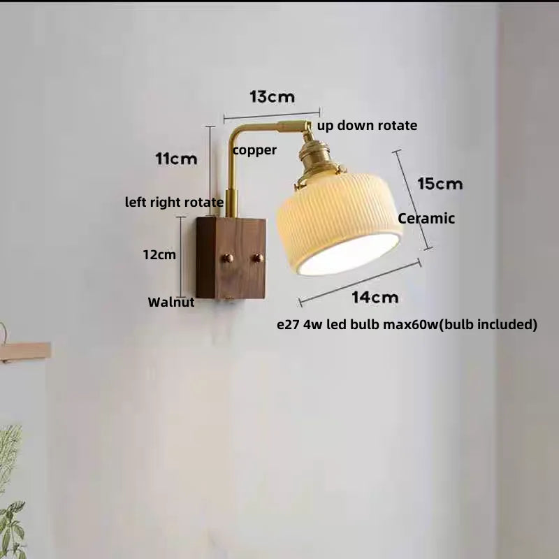 Afralia™ Rotatable Ceramic LED Wall Sconce Nordic Walnut Wood Bedside Lamp