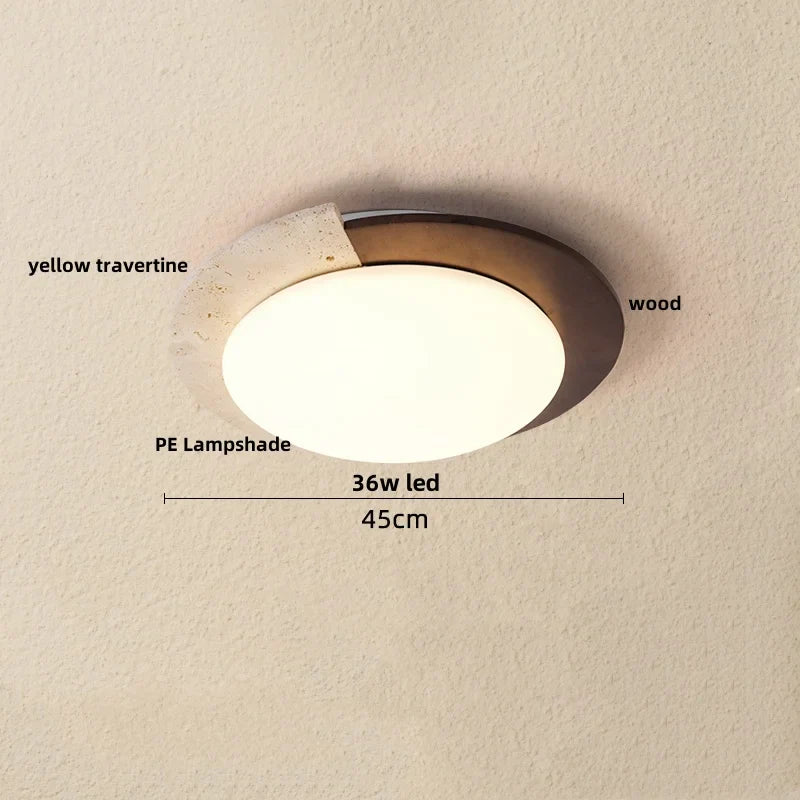 Afralia™ Yellow Travertine Stone LED Ceiling Lamp with Wood Canopy