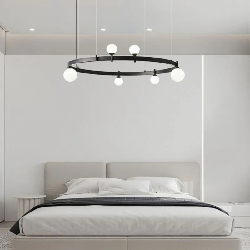 Afralia™ Minimalist Black Chandelier with White Glass, Adjustable Height, G4 Bulb, Art Decor