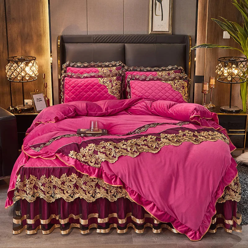 Afralia™ Black Gold Lace Duvet Set, Luxury Crystal Velvet, Quilted Embroidery, Ruffle Bedding