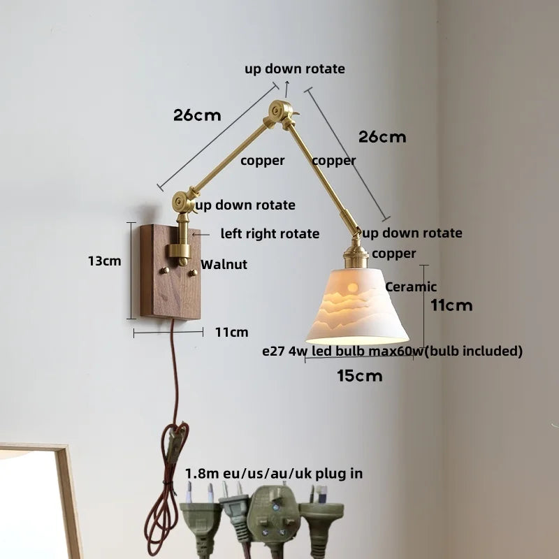 Afralia™ Wood LED Wall Light with Pull Chain Switch & Rotatable Amber Glass