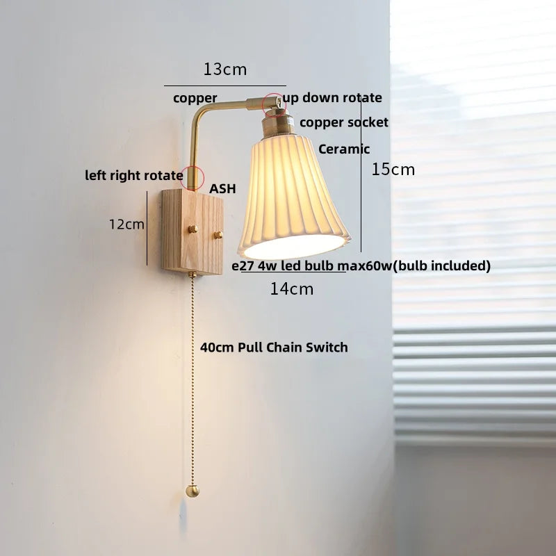 Afralia™ Ash Wood LED Wall Light Fixture with Pull Chain Switch, Modern Nordic Design