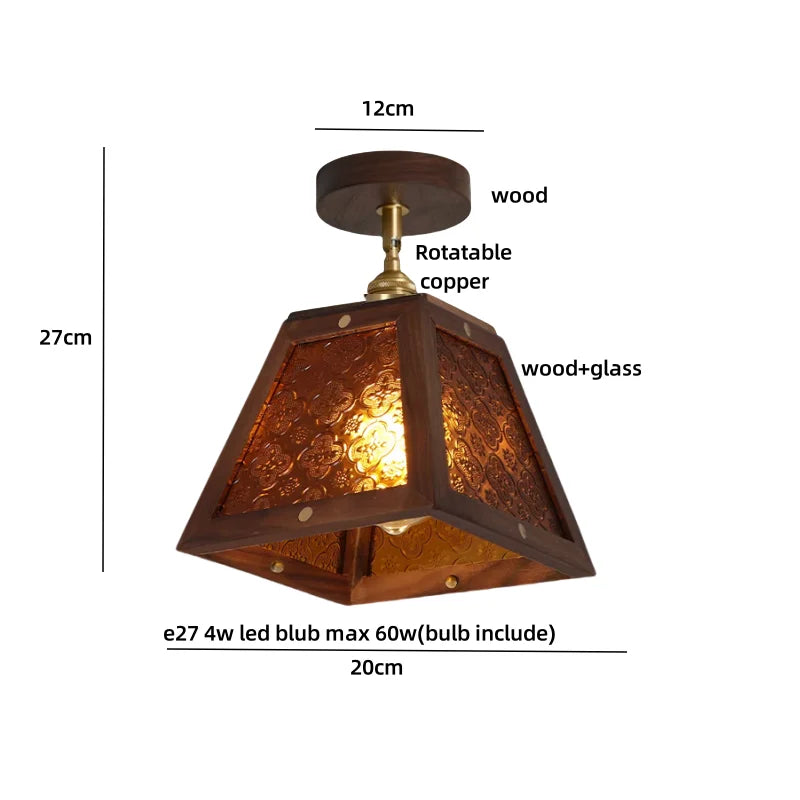 Afralia™ Vintage Wood & Copper Rotatable Ceiling Light - Amber Glass LED Fixture