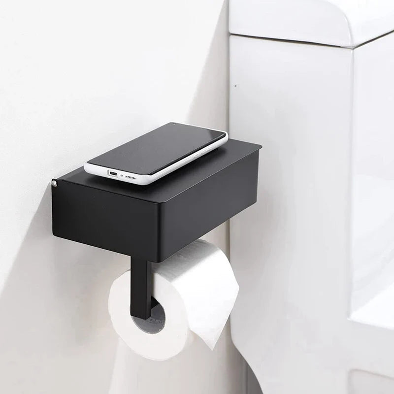 Afralia™ Toilet Paper Holder with Phone Shelf: Aluminum Tissue Roll Storage