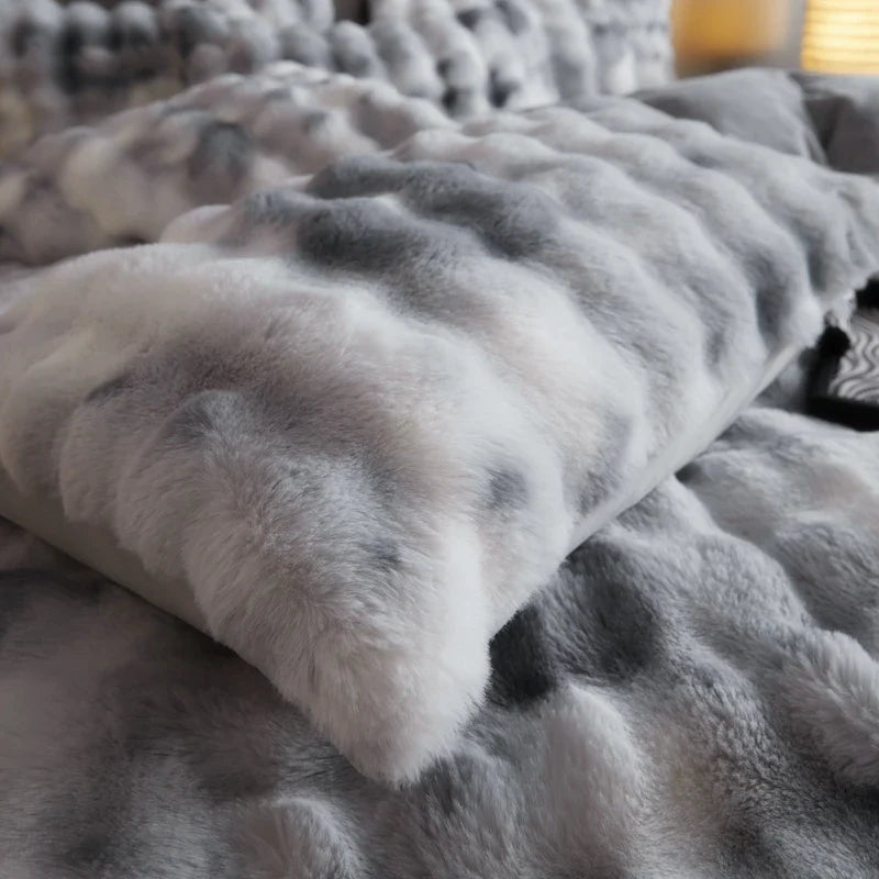 Afralia™ Gradient Blue & Grey Faux Rabbit Fur Bedding Set: Velvet Fleece Duvet, Sheets, Pillowcases