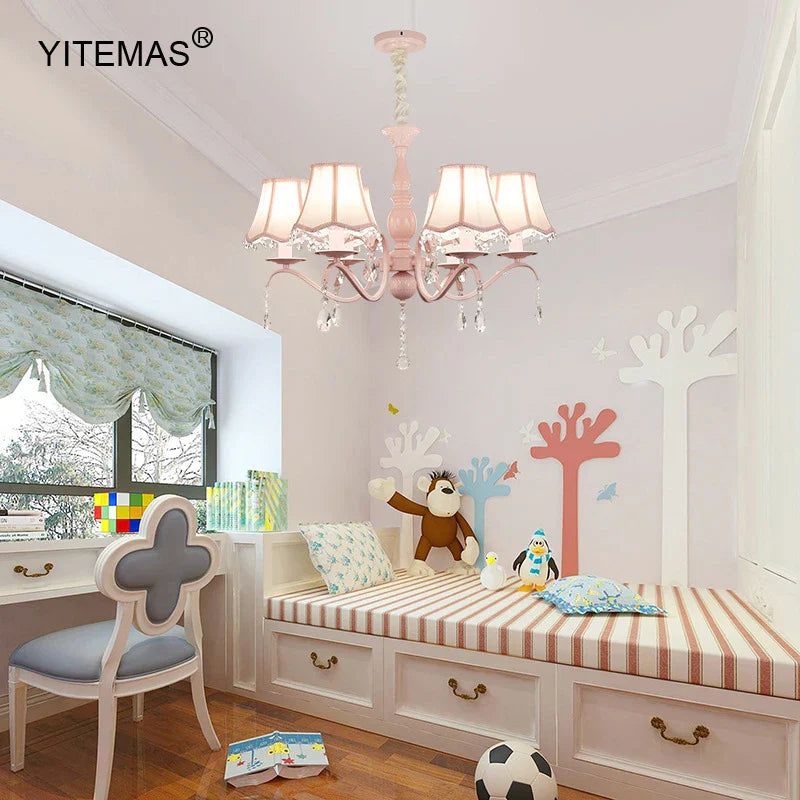 Afralia™ Crystal Pink Chandelier with Fabric Shade for Princess Bedroom