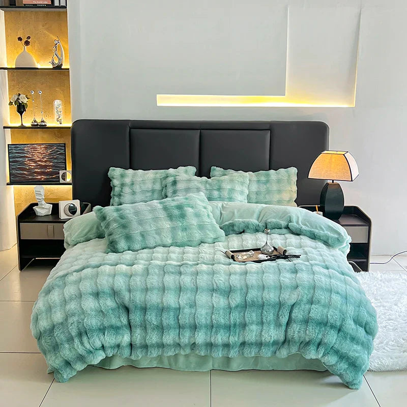 Afralia™ Gradient Gray Faux Rabbit Fur Velvet Bedding Set: Duvet Cover, Bedsheet, Pillowcase