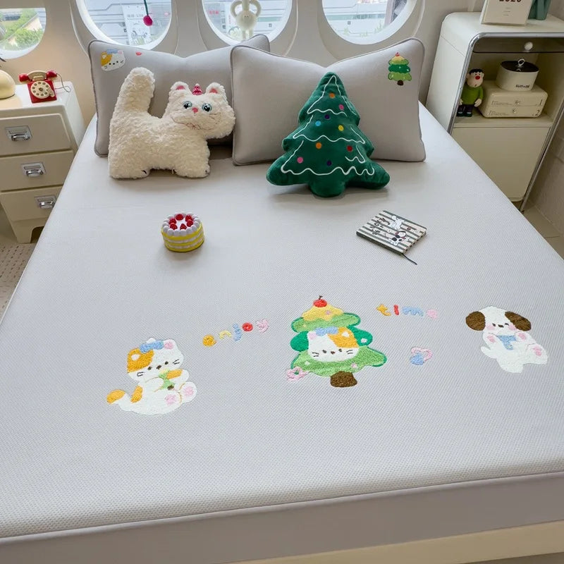 Afralia™ Cartoon Embroidered Fitted Sheet for Single Bed - All-Season Comfort