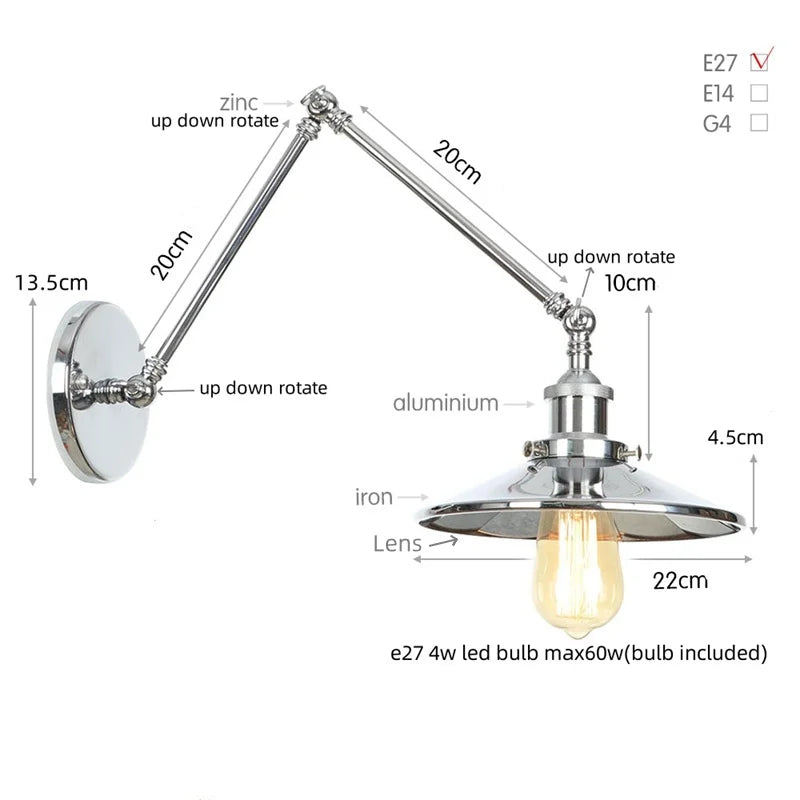 Afralia™ Industrial Lens Vintage Loft LED Wall Lamp with Swing Arms & Pull Chain Switch