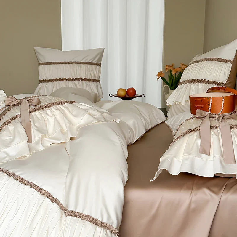Afralia™ Romantic Bow Pleat Lace Ruffles Bedding Set Silky Duvet Cover Sheet Pillowcase