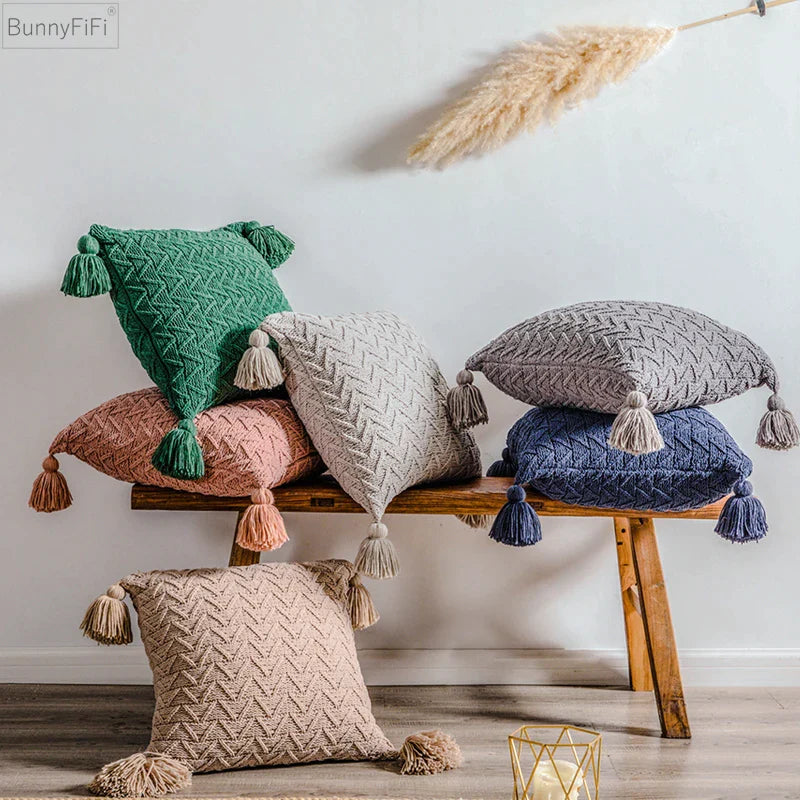 Afralia™ Soft Knit Tassel Pillow Cover 45x45cm Solid Pink Grey Cream for Home Decoration