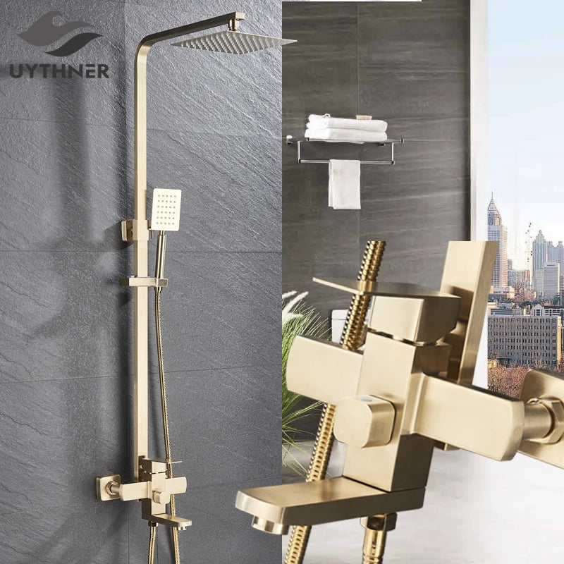 Afralia™ Brushed Gold Rain Shower Bath Faucet Wall Mounted - Shower Set Mixer