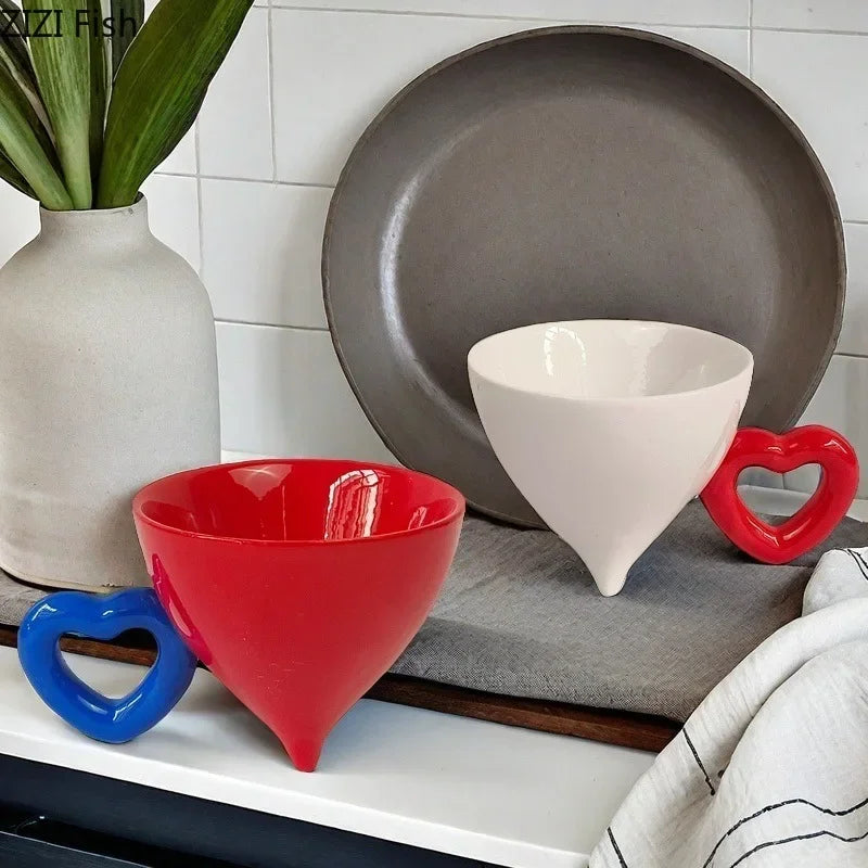 Afralia™ Heart Ceramic Coffee Mug Tea Cup Set, Conical Dining Table Milk Juice Container