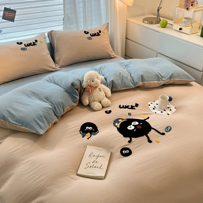 Afralia™ Cartoon Embroidered Cotton Bedding Set for King/Queen Beds