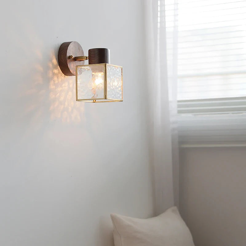 Afralia™ Modern Walnut Wood LED Wall Light Fixture Glass Bedroom Living Room Sconce