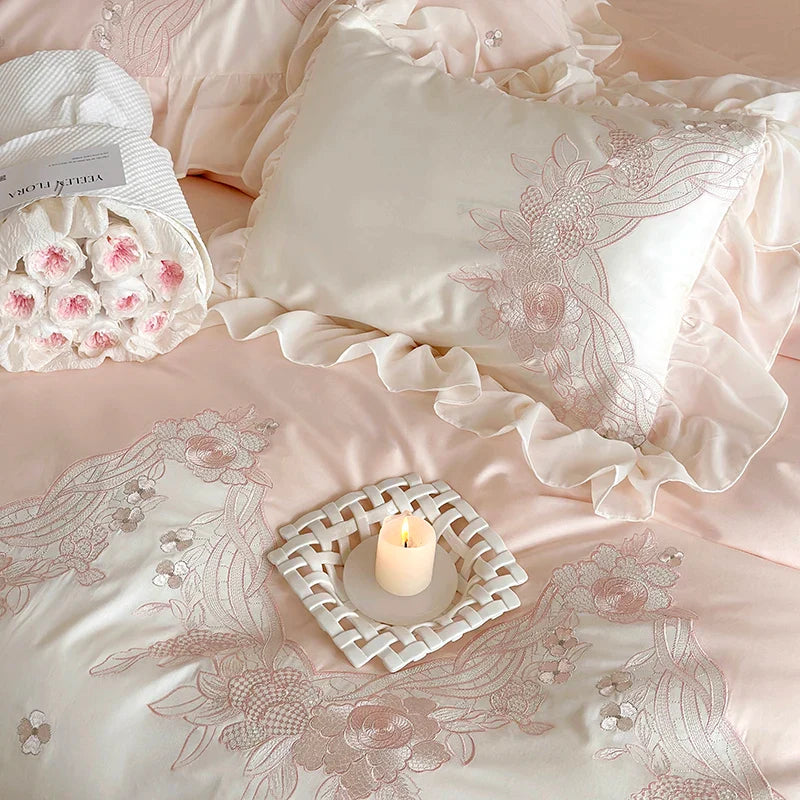 Afralia™ French Romantic Lace Ruffles Flowers Embroidery Bedding Set in Pink & Blue Cotton