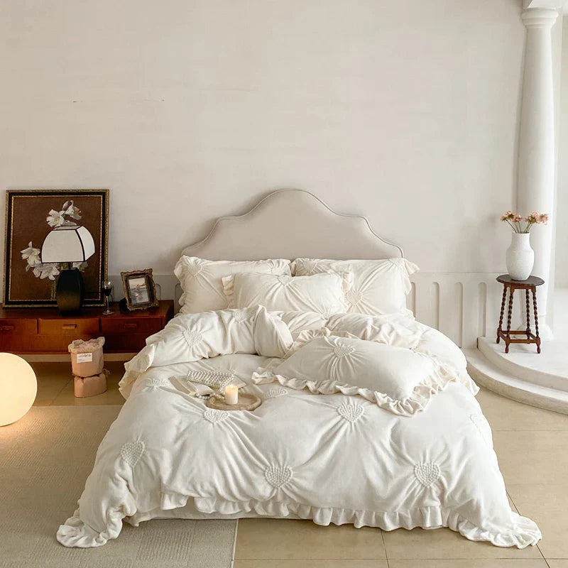 Afralia™ Velvet Ruffles Winter Bedding Set: Plush & Warm Heart Twisted Flowers Theme