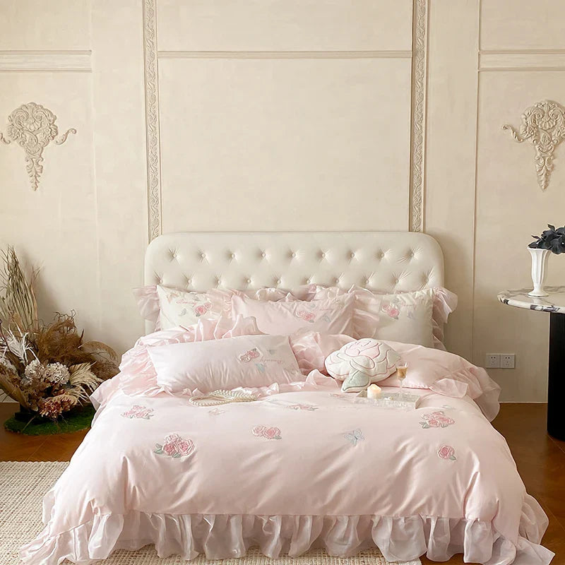 Afralia™ Butterfly Flowers Lace Ruffles 4Pcs Bedding Set: Duvet Cover, Sheet, Pillowcases