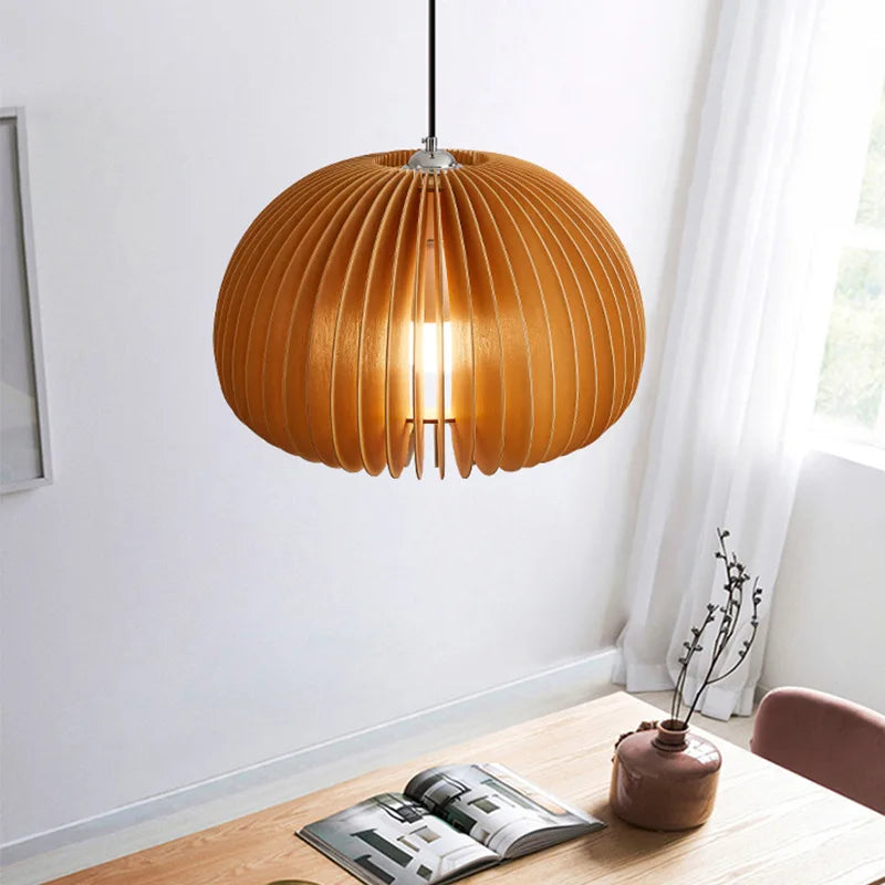 Afralia™ Wood Pumpkin Pendant Lights | Japanese Style Chandelier for Dining Room and Bedroom