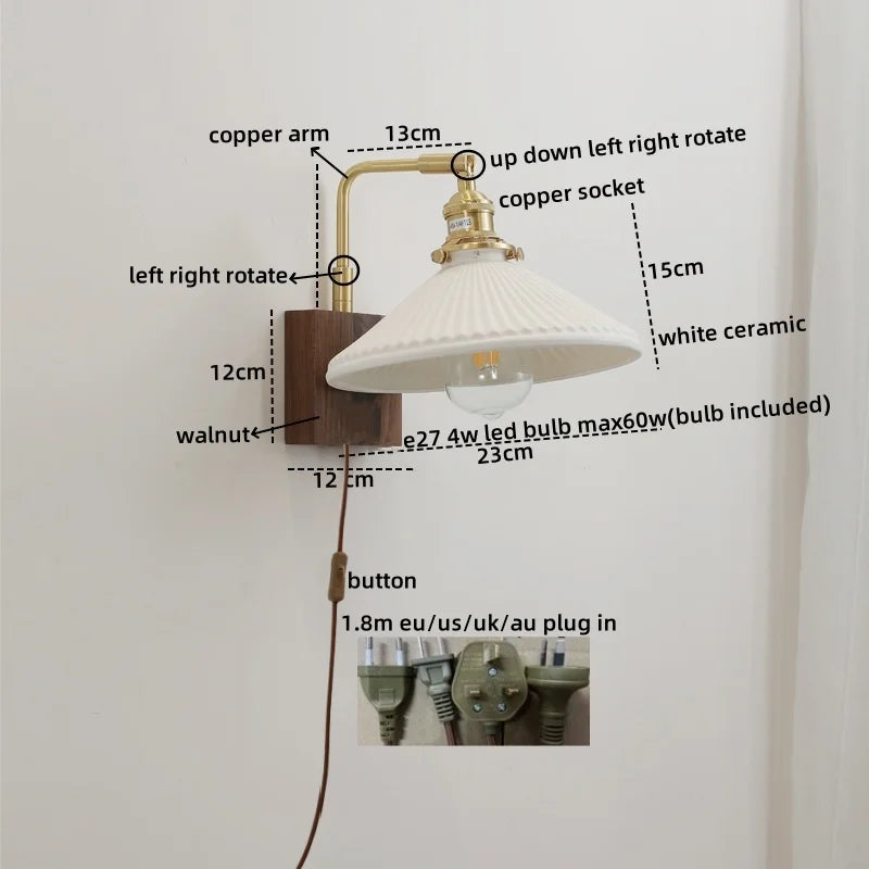 Afralia™ Walnut Ceramic LED Wall Lamp Pull Chain Switch - Modern Bathroom Mirror Light