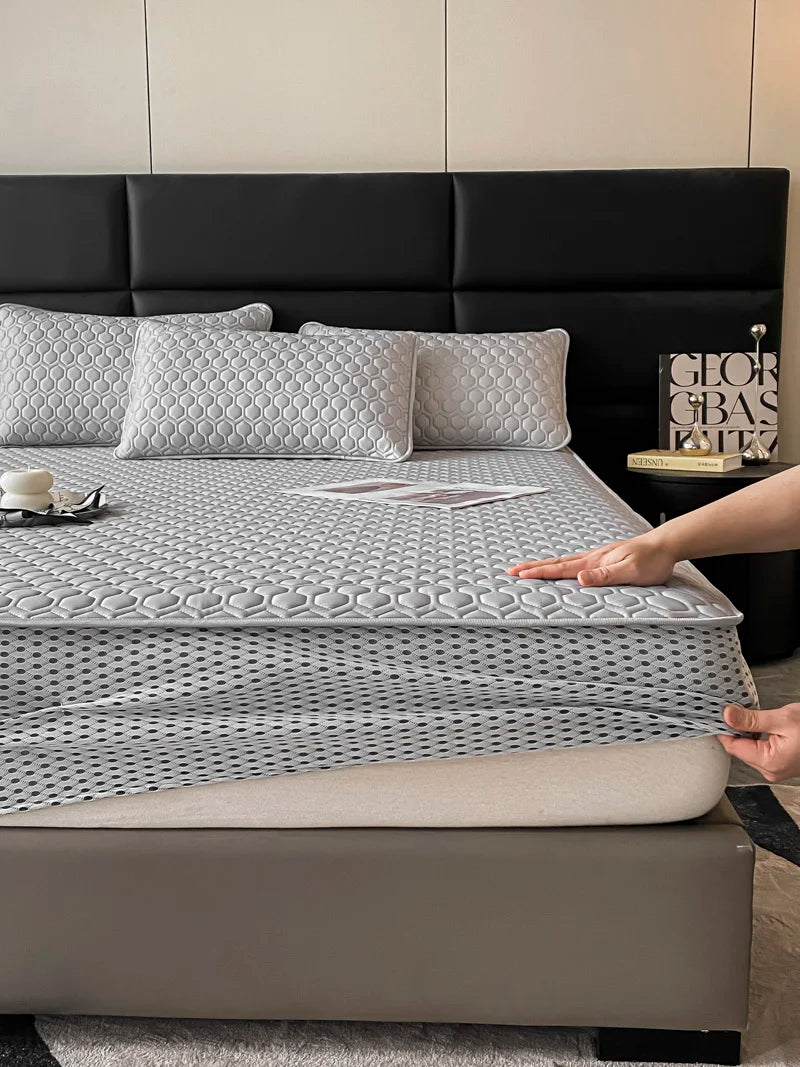 Afralia™ Queen Size Cooling Fitted Sheet Set - Soft Latex Ice Silk Mat & Pillowcase