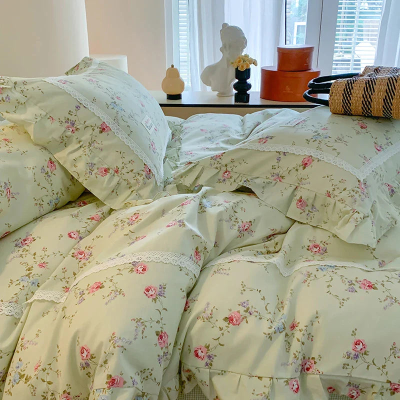 Afralia™ Princess Pastoral Cotton Bedding Set with Lace Ruffles & Floral Design