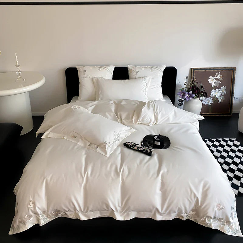 Afralia™ Luxury Rose Embroidery 1000TC Egyptian Cotton Bedding Set with Duvet, Sheet, Pillowcases
