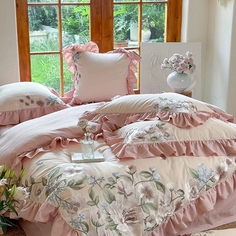 Afralia™ Luxury Flowers Embroidery Princess Bedding Set - 1000TC Egyptian Cotton