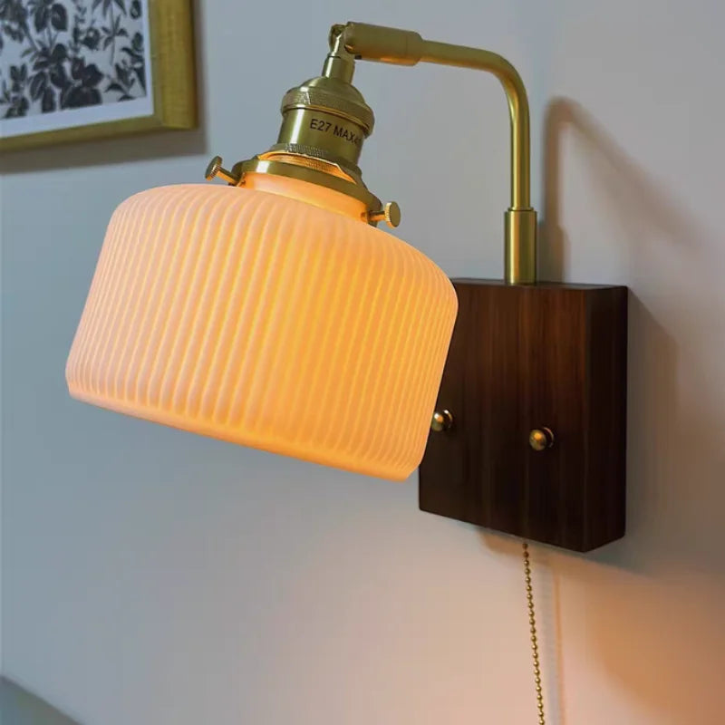 Afralia™ Ceramic LED Wall Sconce with Walnut Wood Pull Chain Switch - Nordic Style
