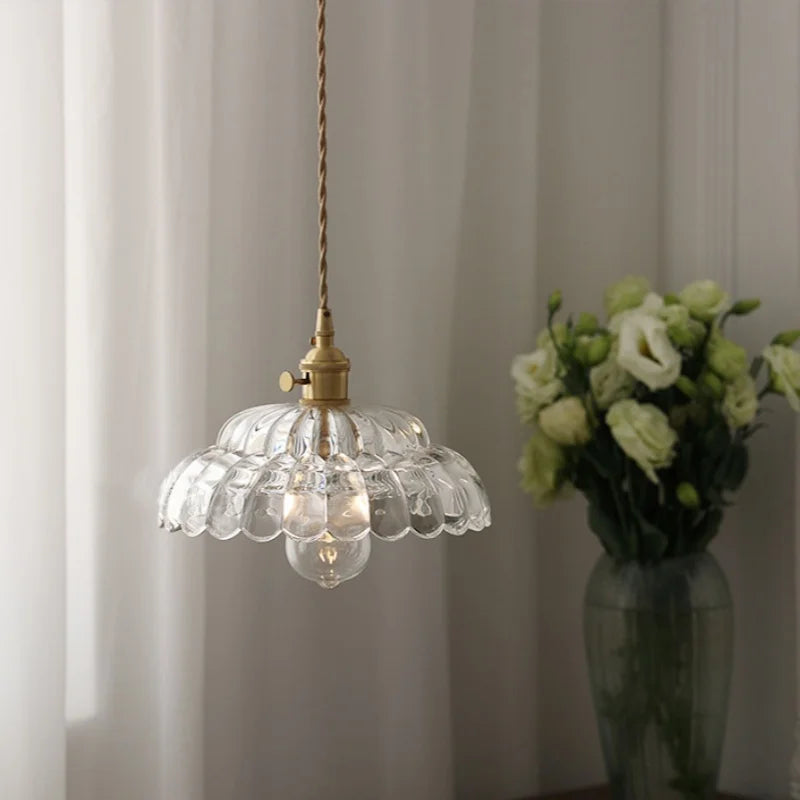 Afralia™ Walnut LED Glass Flower Pendant Light Fixture Adjusts Wire Modern Dining Bathroom