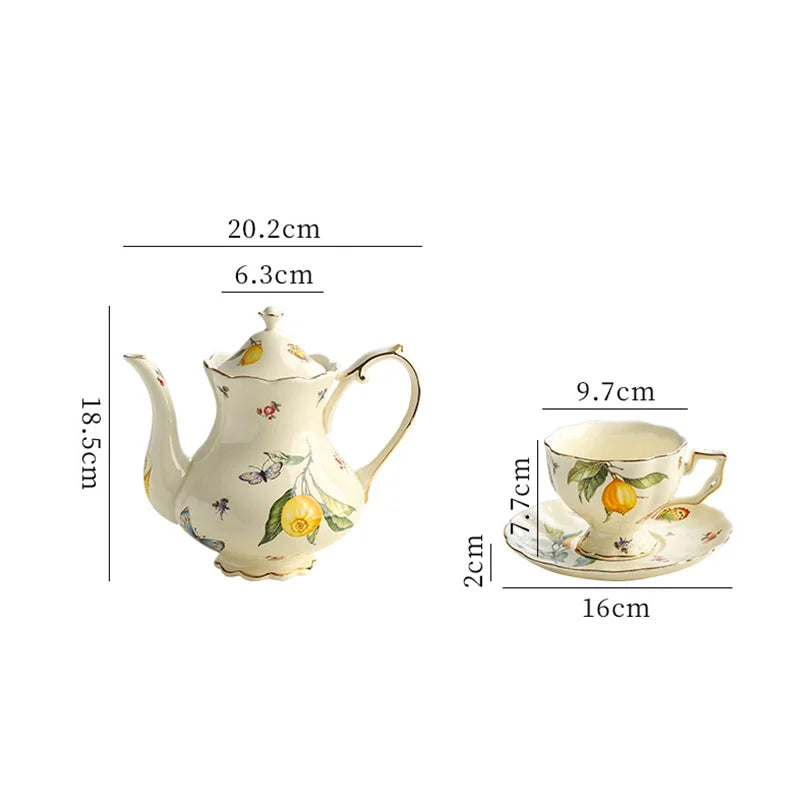 Afralia™ Lemon Pattern Porcelain Tea Set: Teapot, Kettle, Handle Cup, Mugs