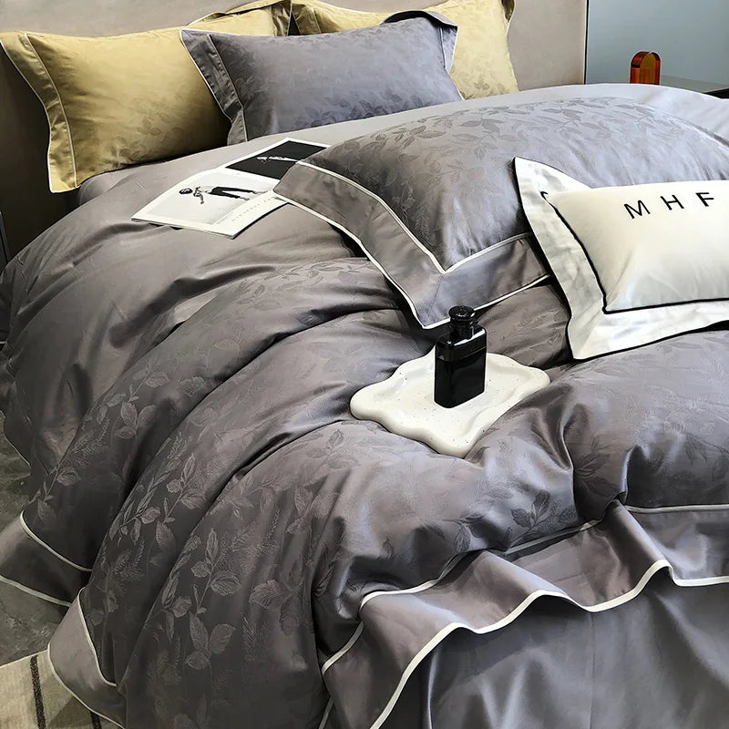 Afralia™ Jacquard Satin & Egyptian Cotton Patchwork Bedding Set - 4pcs