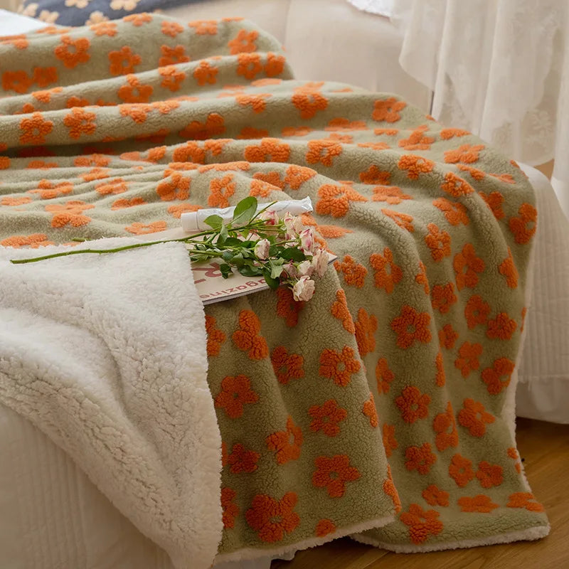 Afralia™ Vintage Floral Jacquard Lamb Wool Blanket for Bedroom Sofa Luxury Single Shawl