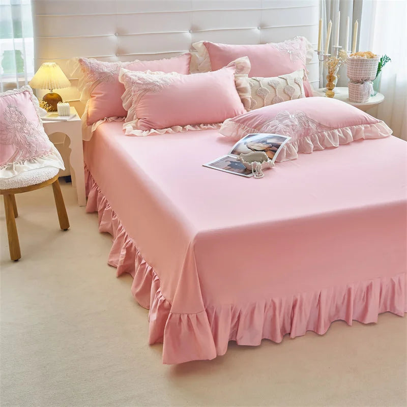 Afralia™ Pink Butterfly Embroidery Lace Princess Wedding Bedding Set