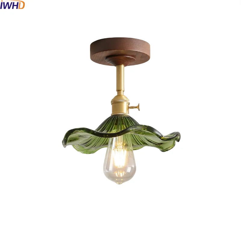 Afralia™ Green Glass LED Ceiling Lights: Modern Copper Wood Indoor Lamp
