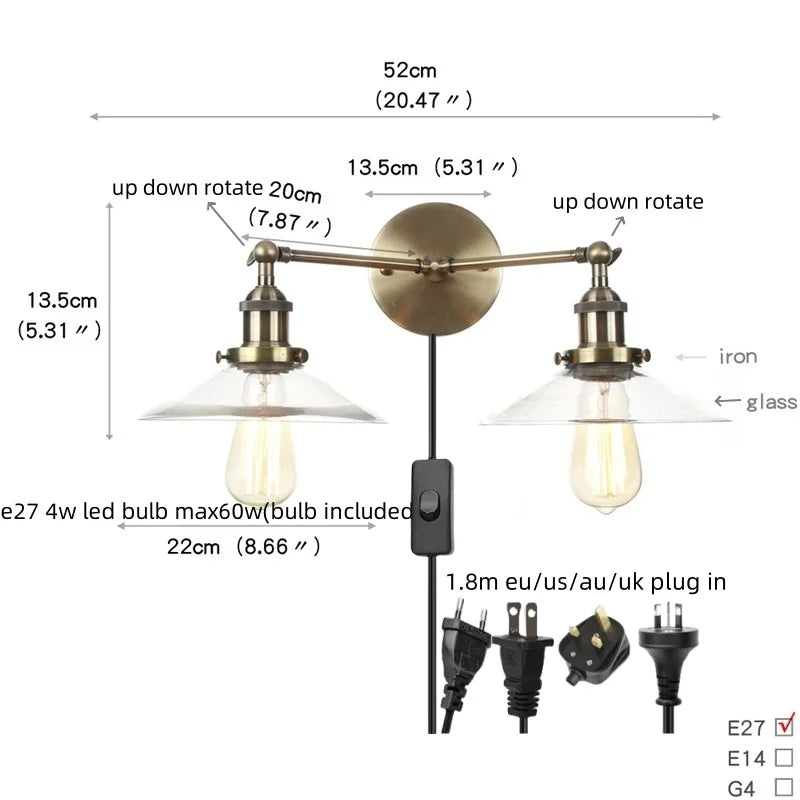 Afralia™ Vintage 2-Head Clear Glass Wall Lamp