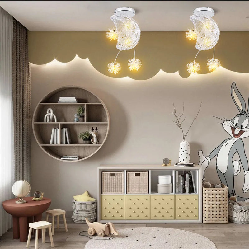 Afralia™ Starry Moon LED Ceiling Light for Girls Kids Room Chandelier Home Decor