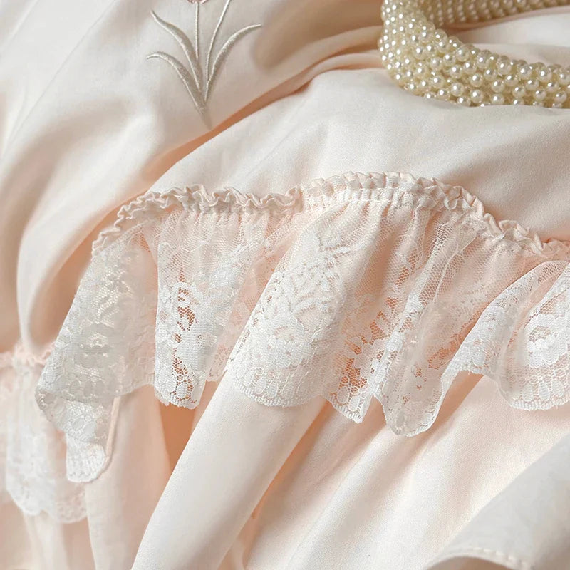 Afralia™ Pink Princess Lace Flowers 1200TC Egyptian Cotton Bedding Set