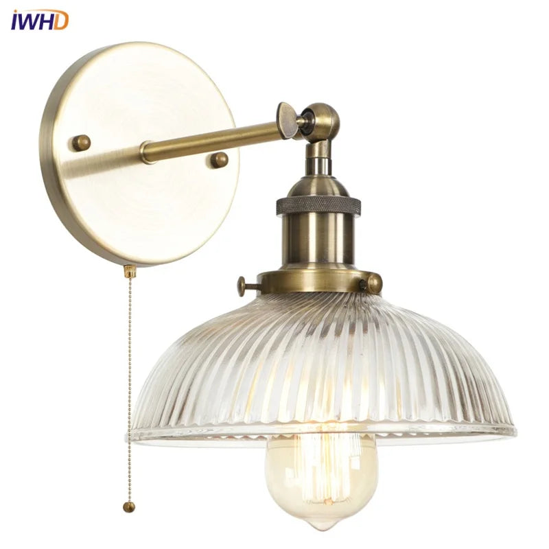 Afralia™ Vintage Industrial Glass Wall Sconce LED Light Fixture with Pull Chain Switch
