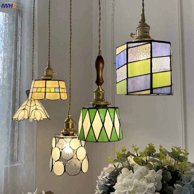 Afralia™ LED Glass & Wood Pendant Lamp Vintage Copper Hanging Lights