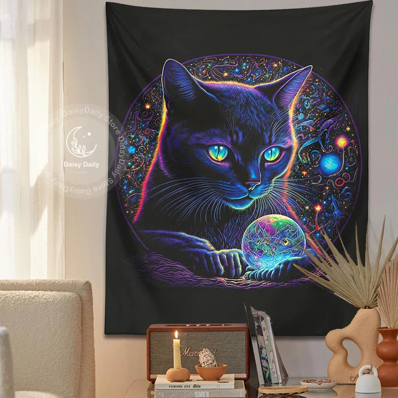 Afralia™ Black Cat Tapestry: Trippy Magic Crystal Ball Wall Art for Boho Home Decor