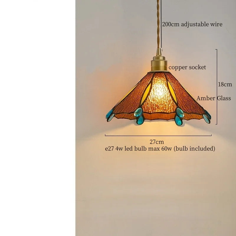 Afralia™ Tiffany Glass LED Pendant Light - Copper Vintage Hanging Lamp