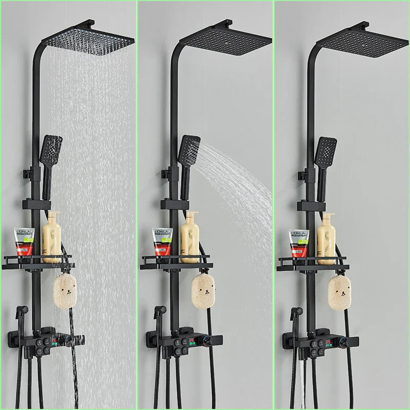 Afralia™ Digital Display Thermostatic Shower Faucet Set, Rain Shower Column, Wall Mount - Black/Chrome