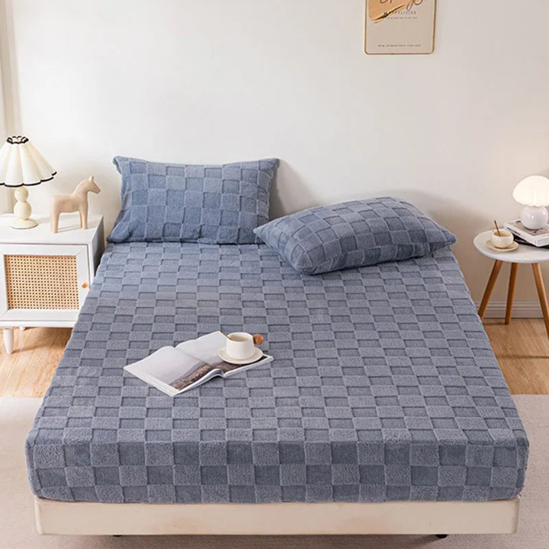 Afralia™ Tafu Velvet Fitted Sheet Coral Fleece Anti-Slip Bed Cover Grid Jacquard