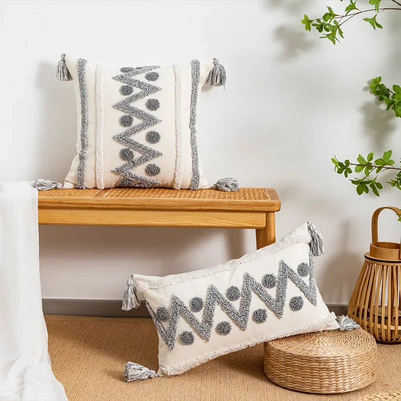 Afralia™ Geometric Tufted Tassel Cushion Cover White Grey Bohemian Decor Pillow Cover