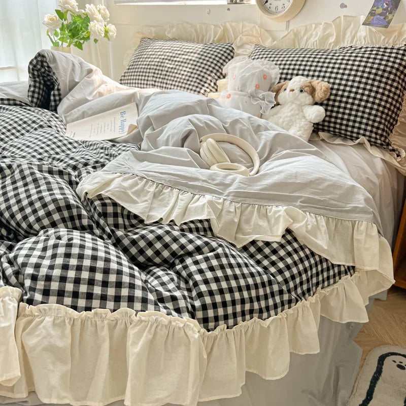 Afralia™ Korean Grid Lace Washed Cotton Bedding Set, Cozy Comforter Cover Single Double Queen