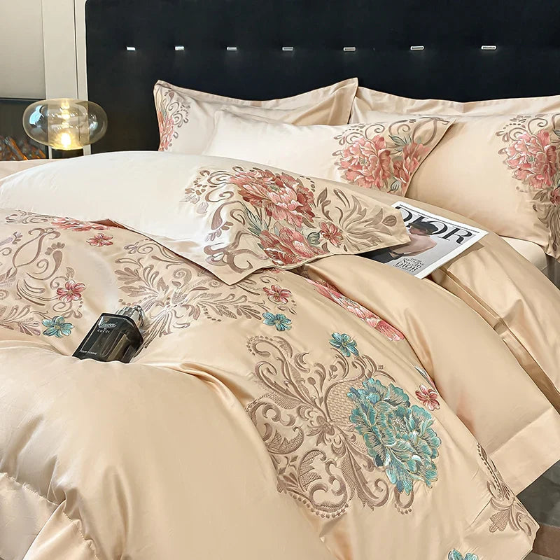 Afralia™ Luxury Flowers Embroidery Cotton Bedding Set - Queen King Size
