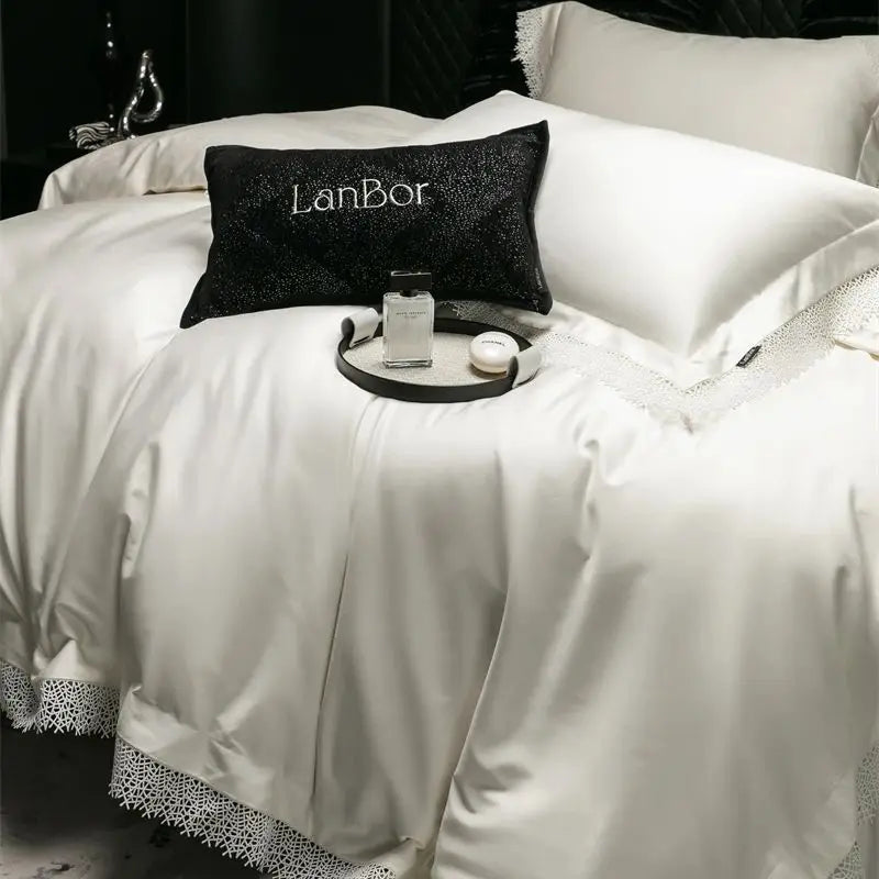 Afralia™ French Lace Edge Bedding Set, 1000TC Egyptian Cotton, Queen King, Duvet, Sheet, Pillowcases