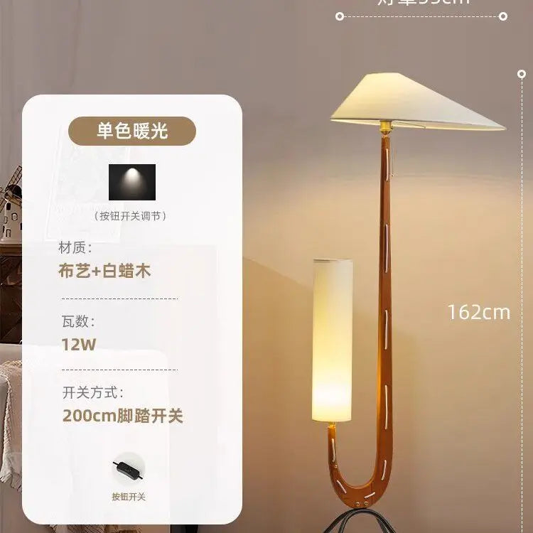 Afralia™ Solid Wood Fabric LED Floor Lamp Vintage Living Room Bedroom Standing Light